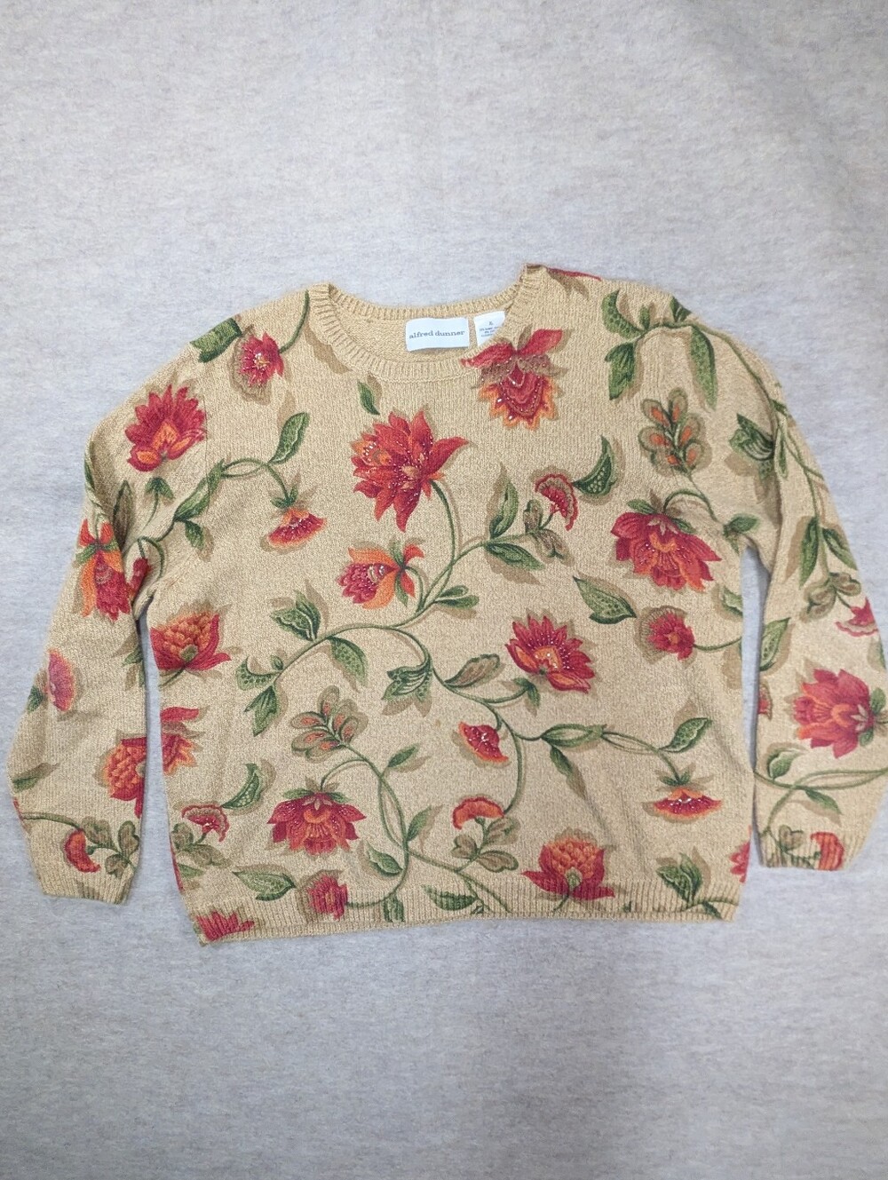 Alfred Dunner Beige Crewneck Sweater Fall Holiday Beaded Red Flowers Ramie XL